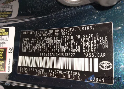 2021 Toyota Camry Se z USA, uszkodzony, nr VIN 4T1S11AK1MU513327